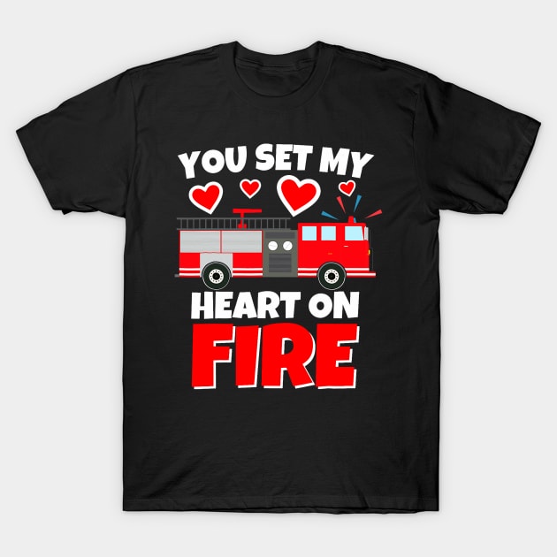 Boys Valentines Day Firetruck You Set My Heart On Fire T-Shirt by jadolomadolo